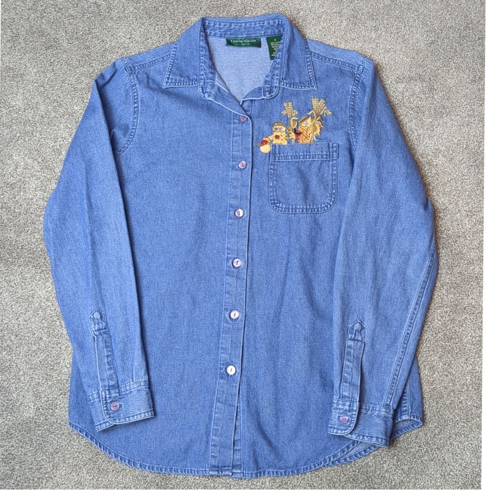 Vintage Lemon Grass Denim Button Up Fall Scarecrow Shirt Women's Size Small 90's
